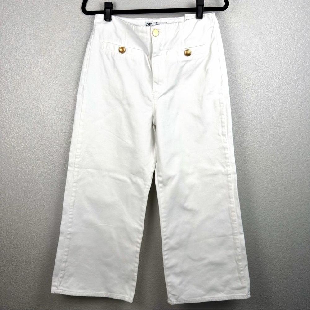 NWT Zara Women’s White Wide Leg Pants Cropped High Rise Gold Buttons, Size 6
